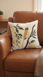 Handmade Embroidered Decorative Cushion Cover with filler– Cotton Linen Throw Pillow with Detailed Yellow Bird Sitting on Branch Green Leaves and Golden Fruit Design – Rustic Nature-Inspired Accent Pillow for Sofa Couch Living Room or Bedroom - Image 2