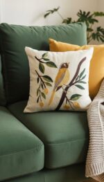 embroidered bird cushion cover