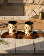 ceramic coffee mug set wooden tray