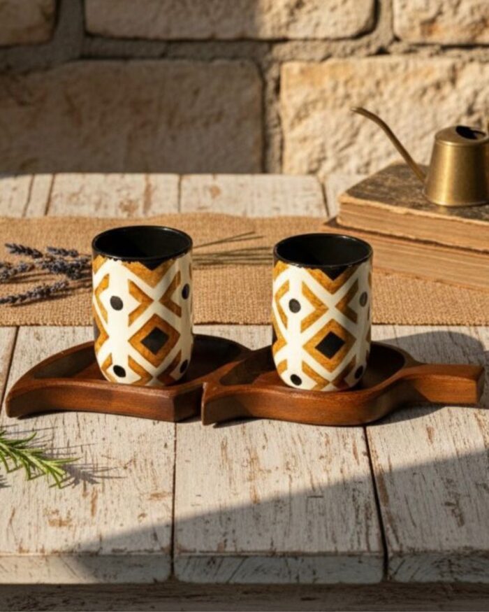 ceramic coffee mug set wooden tray
