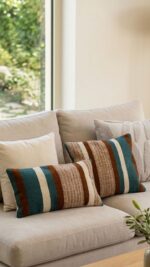 Handmade Decorative Cushion Pillow Cover – Cotton Blend Fabric with Rustic Bohemian Striped Design in Teal Blue & Rust Orange & Beige & and White – Available in Square 50x50 cm and Rectangular 60x35 cm Sizes – Modern Throw Pillow for Sofa Couch Bed or Living Room Home Décor