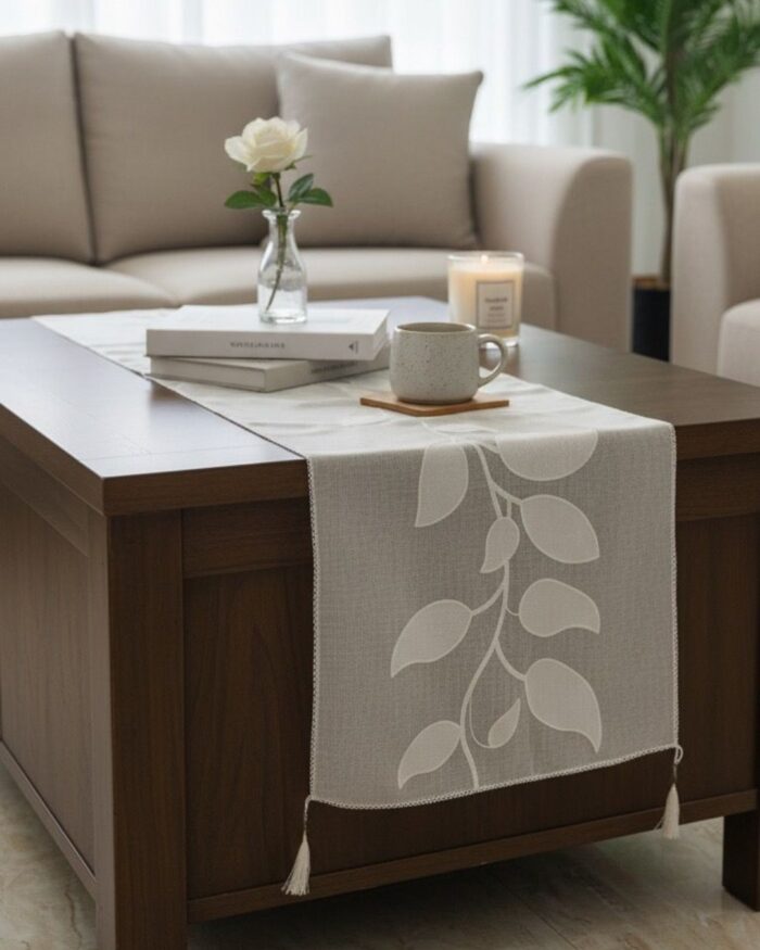 Handmade Linen Table Runner with Elegant White Leaf Embroidery Neutral Beige Fabric Decorative Tassel Ends Rustic Farmhouse and Modern Minimalist Table Décor for Dining Table Coffee Table or Console - Image 3