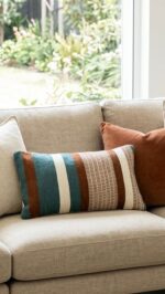 Handmade Decorative Cushion Pillow Cover – Cotton Blend Fabric with Rustic Bohemian Striped Design in Teal Blue & Rust Orange & Beige & and White – Available in Square 50x50 cm and Rectangular 60x35 cm Sizes – Modern Throw Pillow for Sofa Couch Bed or Living Room Home Décor - Image 3