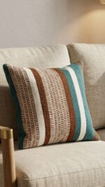 Handmade Decorative Cushion Pillow Cover – Cotton Blend Fabric with Rustic Bohemian Striped Design in Teal Blue & Rust Orange & Beige & and White – Available in Square 50x50 cm and Rectangular 60x35 cm Sizes – Modern Throw Pillow for Sofa Couch Bed or Living Room Home Décor - Image 2