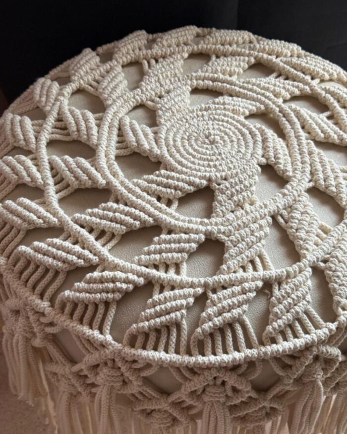 Artisan Handmade Macramé Pouf – Bohemian Cotton Ottoman with Detailed Knotwork and Fringe Edges - Image 3