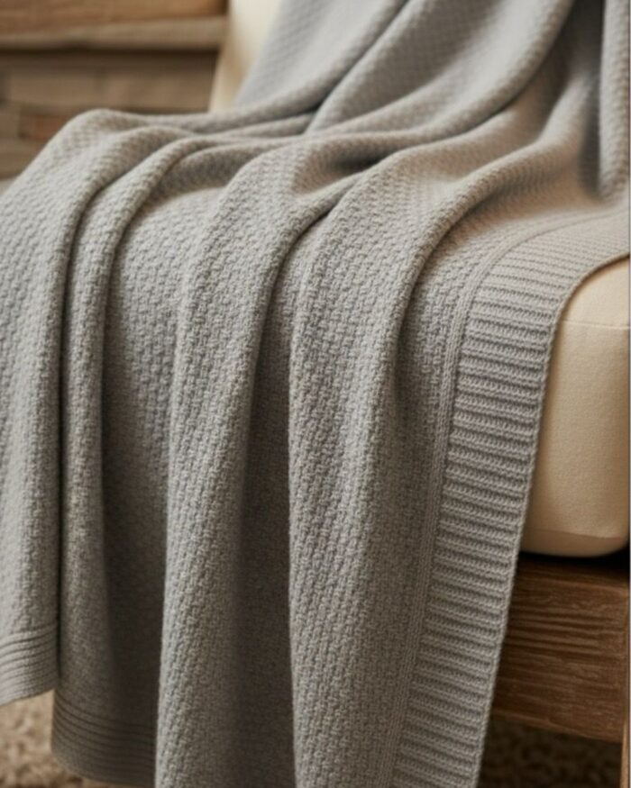 Handmade Knitted Cotton Throw Blanket – Ultra-Soft Waffle Texture Couch & Bed Cover with Ribbed Edges – Cozy All-Season Decorative Knit Blanket for Sofa Living Room & Bedroom (Available in Black Grey and Offwhite-Kaki-Beige) - Image 6