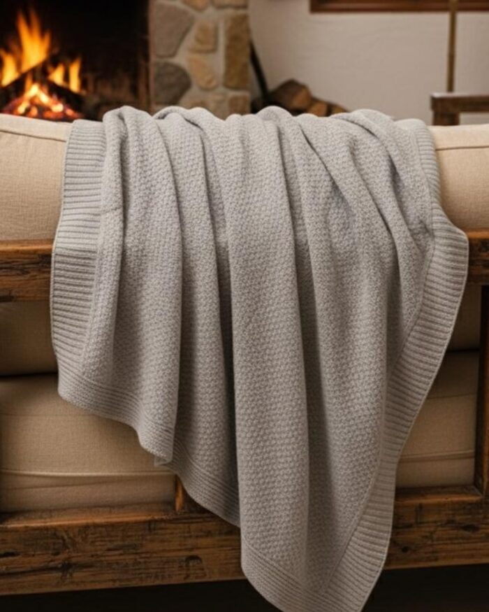 Handmade Knitted Cotton Throw Blanket – Ultra-Soft Waffle Texture Couch & Bed Cover with Ribbed Edges – Cozy All-Season Decorative Knit Blanket for Sofa Living Room & Bedroom (Available in Black Grey and Offwhite-Kaki-Beige) - Image 5