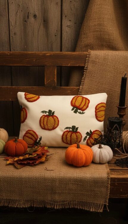 hand-embroidered pumpkin cushion