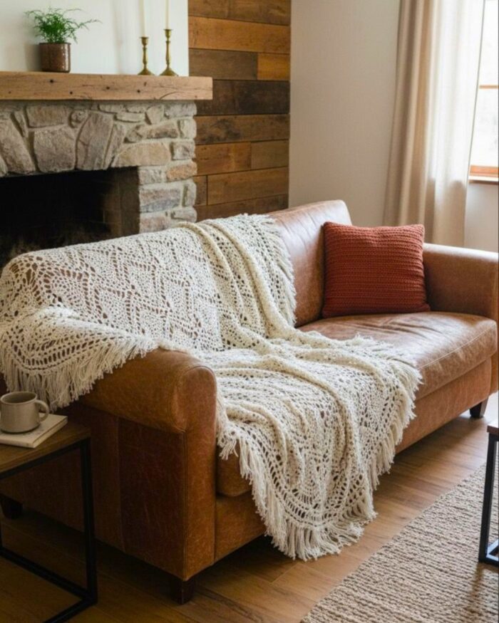 “Handmade Boho Crochet Throw Blanket with Fringes – Cozy Vintage Charm for Bed Sofa or Wall Décor” - Image 3