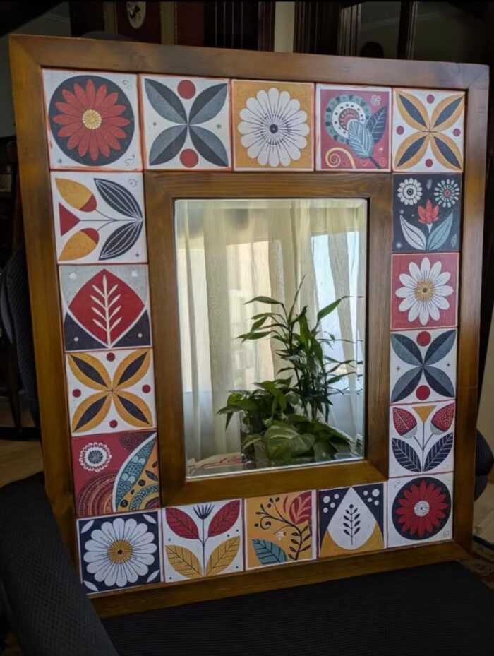 Handcrafted Bohemian Wall Mirror with Colorful Handmade Decoupage Tile Frame - Image 3
