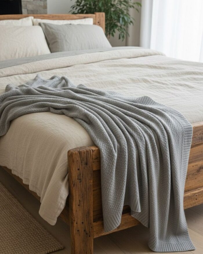 Handmade Knitted Cotton Throw Blanket – Ultra-Soft Waffle Texture Couch & Bed Cover with Ribbed Edges – Cozy All-Season Decorative Knit Blanket for Sofa Living Room & Bedroom (Available in Black Grey and Offwhite-Kaki-Beige) - Image 8