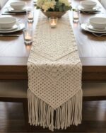 Handwoven Macramé Cotton Table Runner with Fringed Ends – Bohemian Farmhouse Dining Décor in Natural Cream - Image 2