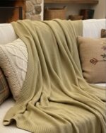 Handmade Knitted Cotton Throw Blanket – Ultra-Soft Waffle Texture Couch & Bed Cover with Ribbed Edges – Cozy All-Season Decorative Knit Blanket for Sofa Living Room & Bedroom (Available in Black Grey and Offwhite-Kaki-Beige) - Image 14