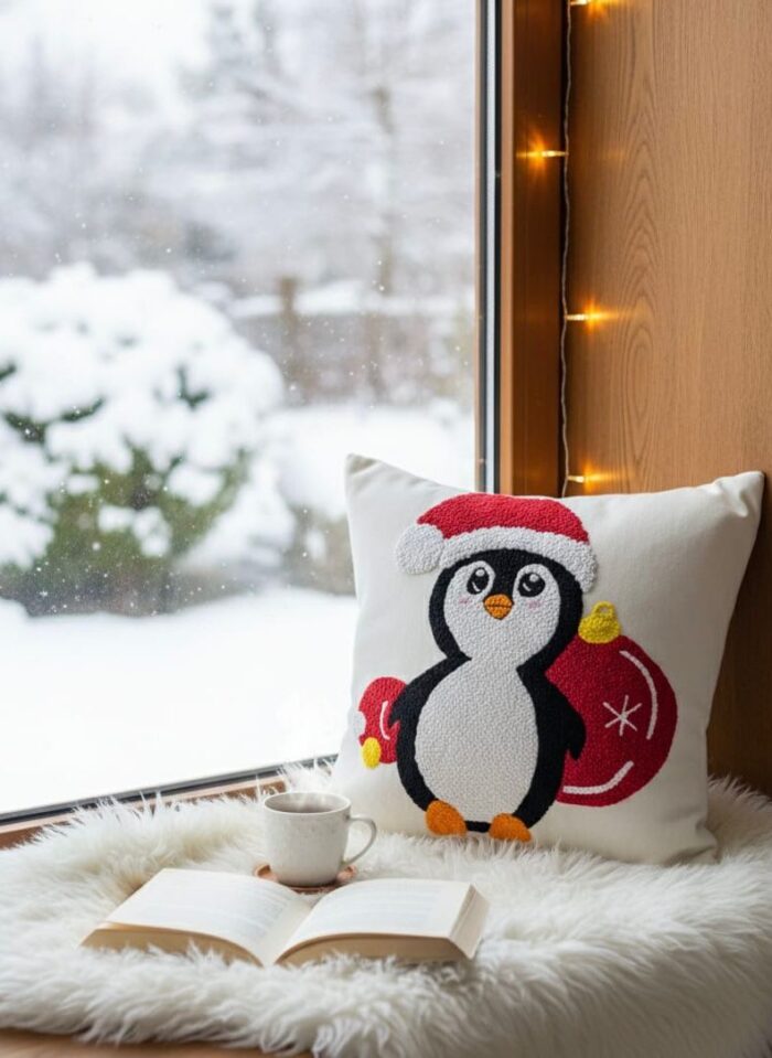 WhatsApp Image 2025-11-14 at 14.27.13 (2) Penguin Embroidered Christmas Cushion – Cozy Winter Decorative Pillow for Living Room, Bedroom & Seasonal Home Décor – 45×45 cm” - Image 1