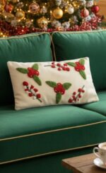 Hand-Tufted Christmas Holly & Berries Decorative Cushion