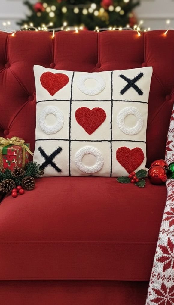 WhatsApp Image 2025-11-25 at 5.07.32 PM Festive Christmas Tic-Tac-Toe Cushion with Textured Hearts and Holiday Accents - Image 1