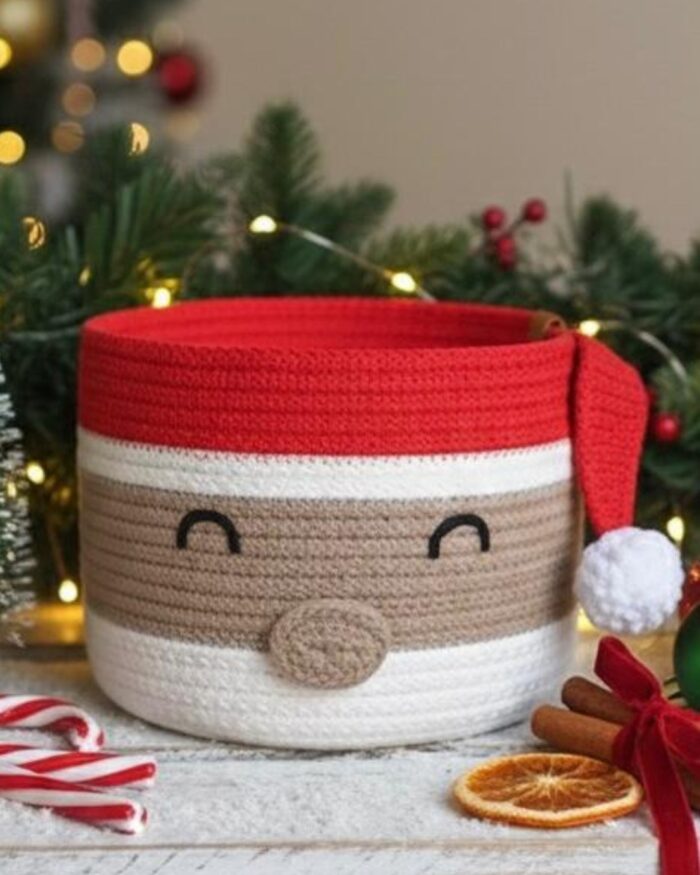 Christmas Santa-Themed Handmade Crochet Storage Basket - Image 1