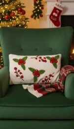 Hand-Tufted Christmas Holly & Berries Decorative Cushion - Image 2