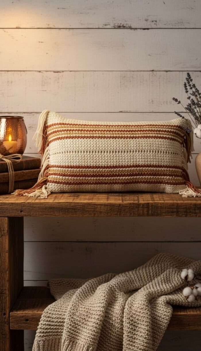 Cozy Rustic Handwoven Cotton Striped Decorative Cushion – 50×30 cm with Tassel Details - Image 1