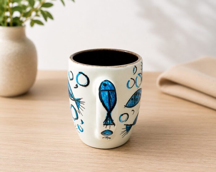 Hand-Painted Ceramic Mug – Blue Fish Design - Image 1