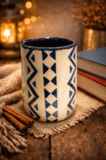 Indigo Geometric Tribal Pattern Ceramic Mug, 11 × 8 cm, Indigo/Ivory