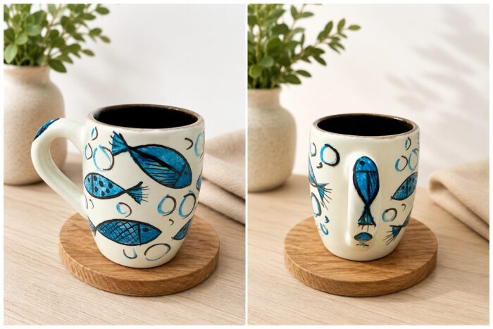 Hand-Painted Ceramic Mug – Blue Fish Design - Image 3