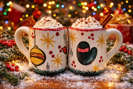 Handcrafted Ceramic Coffee Mug – Colorful Christmas Pattern with Rustic Hand-Painted Design –   Cup with Ergonomic Handle Unique Artisan Gift for Holiday and Everyday Use