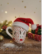 Handcrafted Ceramic Coffee Mug – Colorful Christmas Pattern with Rustic Hand-Painted Design –   Cup with Ergonomic Handle Unique Artisan Gift for Holiday and Everyday Use