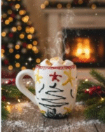 Handcrafted Ceramic Coffee Mug – Colorful Christmas Pattern with Rustic Hand-Painted Design –   Cup with Ergonomic Handle Unique Artisan Gift for Holiday and Everyday Use