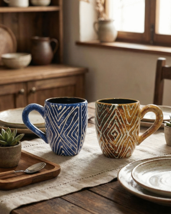 Hand-Painted Vintage stripped Ceramic Mug – Vibrant Colors for Cozy Moments - Image 1