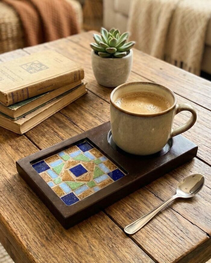 Handcrafted Wooden Serving Tray with Mosaic Tile – Coffee Cup Holder | 23×12 cm - Image 1