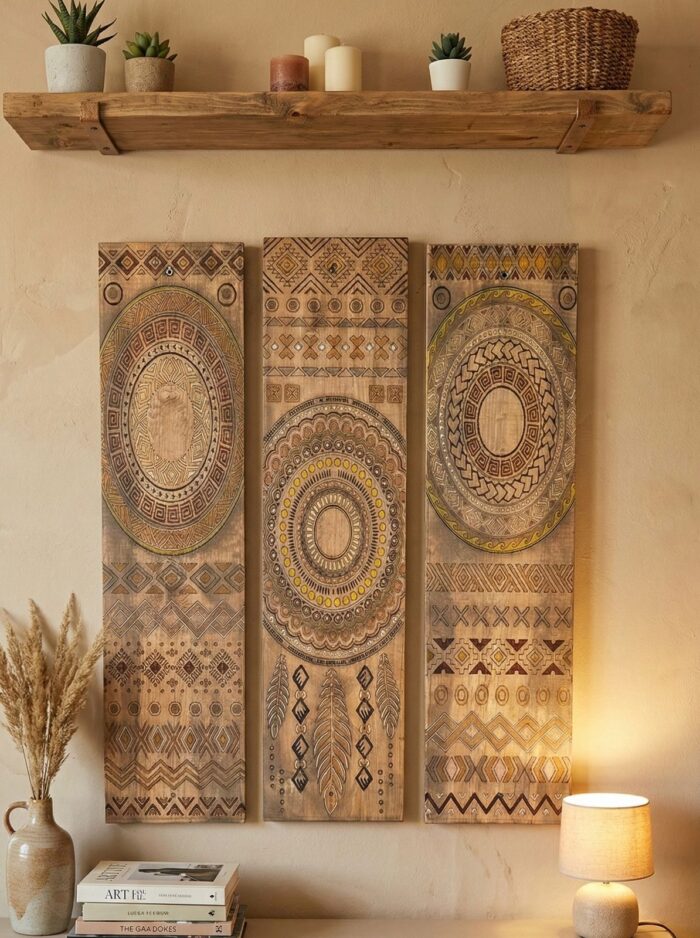 Artisan Carved Wood Wall Art for Living Room – Bohemian Decor - Image 1