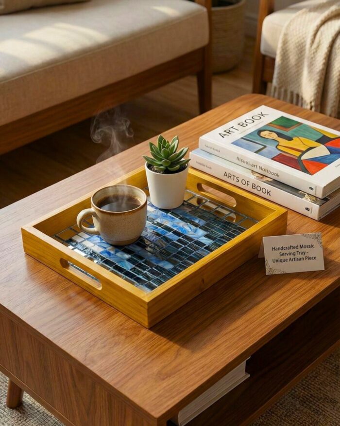Handcrafted Wooden Mosaic Serving Tray – 25 × 25 cm | Artistic Home Decor - Image 11