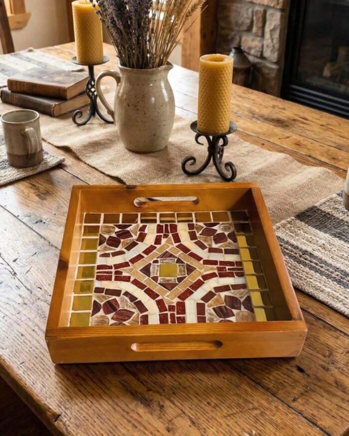 Handcrafted Wooden Mosaic Serving Tray – 25 × 25 cm | Artistic Home Decor - Image 7