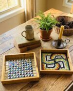Handcrafted Wooden Mosaic Serving Tray – 25 × 25 cm | Artistic Home Decor
