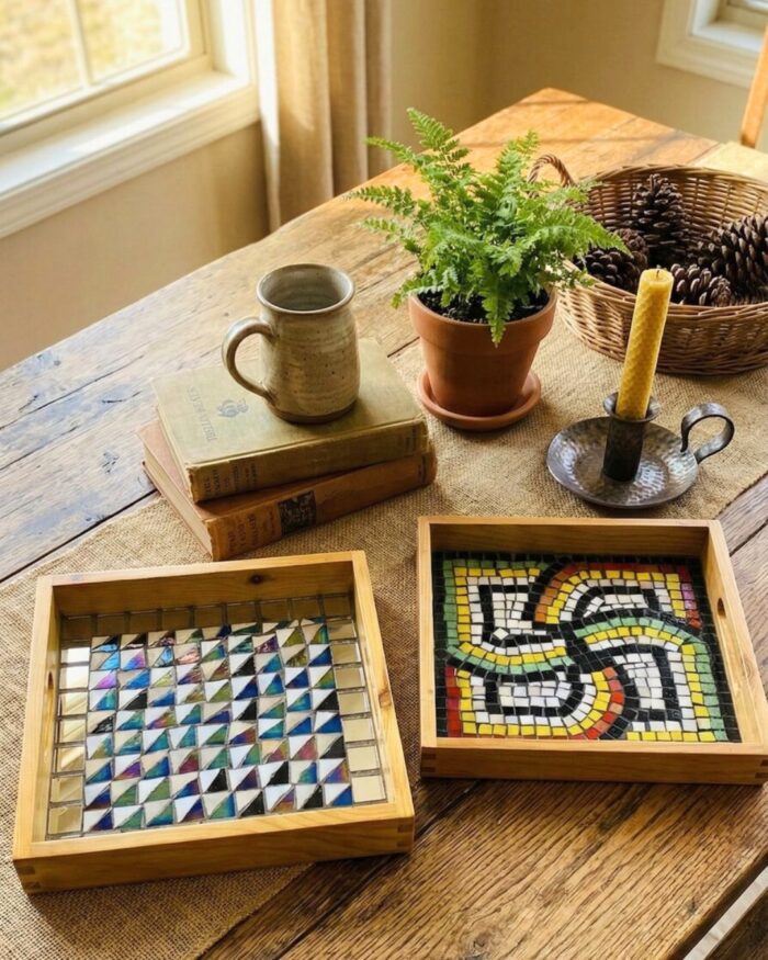 Handcrafted Wooden Mosaic Serving Tray – 25 × 25 cm | Artistic Home Decor - Image 1