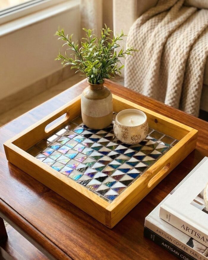 Handcrafted Wooden Mosaic Serving Tray – 25 × 25 cm | Artistic Home Decor - Image 12