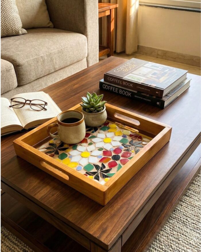 Handcrafted Wooden Mosaic Serving Tray – 25 × 25 cm | Artistic Home Decor - Image 3