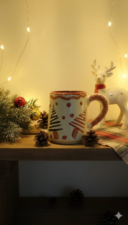 Handcrafted Ceramic Coffee Mug – Colorful Christmas Pattern with Rustic Hand-Painted Design –   Cup with Ergonomic Handle Unique Artisan Gift for Holiday and Everyday Use