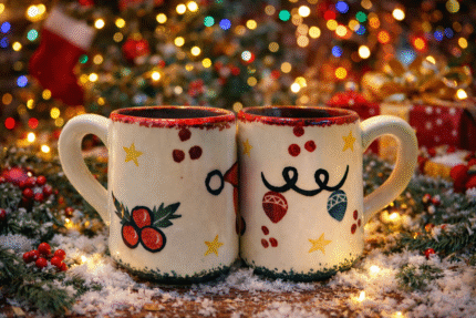 Handcrafted Ceramic Coffee Mug – Colorful Christmas Pattern with Rustic Hand-Painted Design –   Cup with Ergonomic Handle Unique Artisan Gift for Holiday and Everyday Use