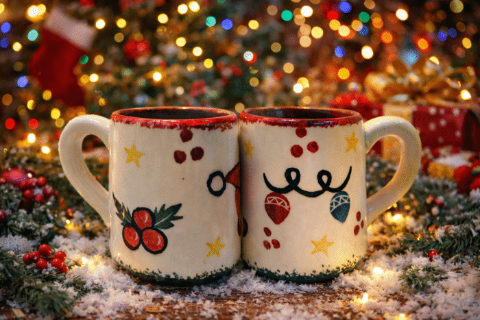 Handcrafted Ceramic Coffee Mug – Colorful Christmas Pattern with Rustic Hand-Painted Design –   Cup with Ergonomic Handle Unique Artisan Gift for Holiday and Everyday Use - Image 1