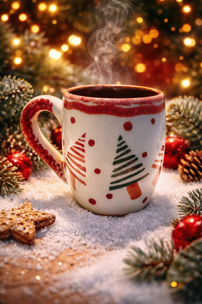 Handcrafted Ceramic Coffee Mug – Colorful Christmas Pattern with Rustic Hand-Painted Design –   Cup with Ergonomic Handle Unique Artisan Gift for Holiday and Everyday Use - Image 1