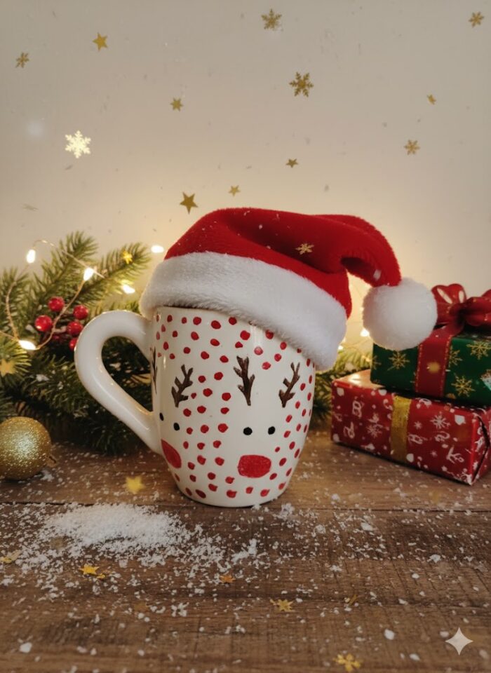 Handcrafted Ceramic Coffee Mug – Colorful Christmas Pattern with Rustic Hand-Painted Design –   Cup with Ergonomic Handle Unique Artisan Gift for Holiday and Everyday Use - Image 1