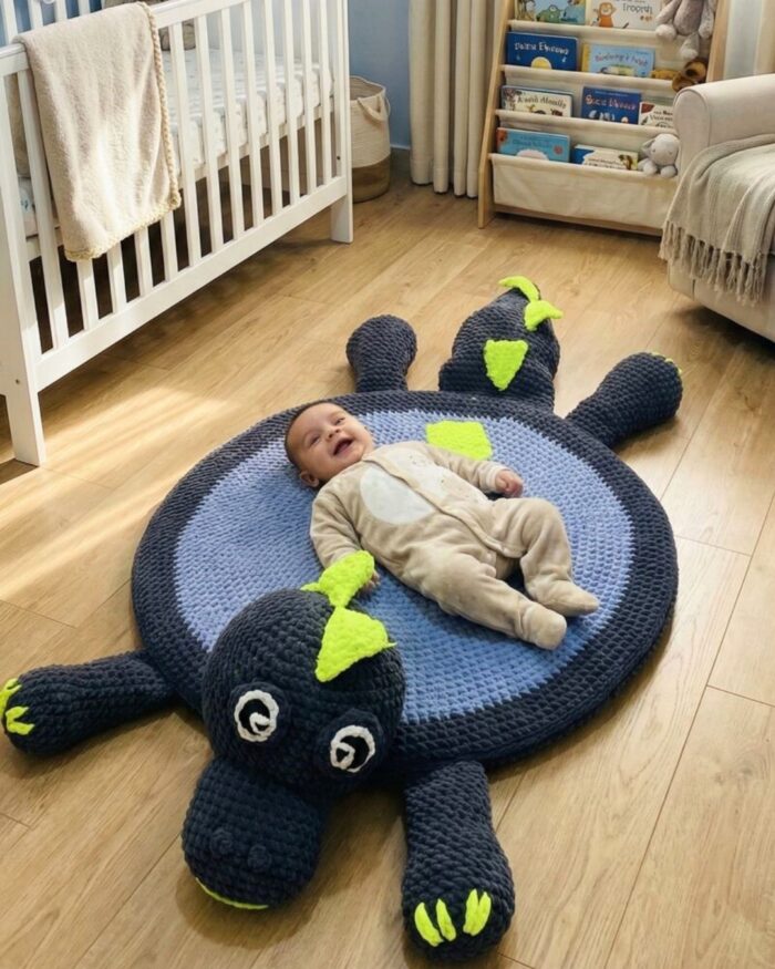Handmade Dinosaur Play Mat & Kids Play Mattress – Soft Crochet Nursery Floor Rug - Image 1