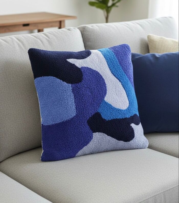 4c9ec1f4-b49f-4593-91f9-38fa68805788 Handmade Punch Needle Cushion – Abstract Blue Design | 50×50 cm Decorative Pillow - Image 1