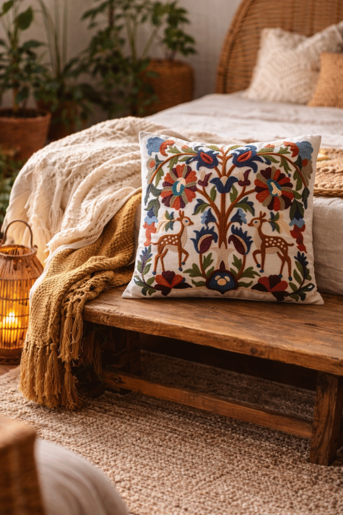 Handmade Embroidered Folk Art Cushion Cover - Image 4