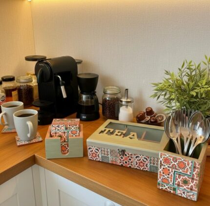 Handcrafted Wooden Tea & Coffee Accessories Set with Mosaic Design