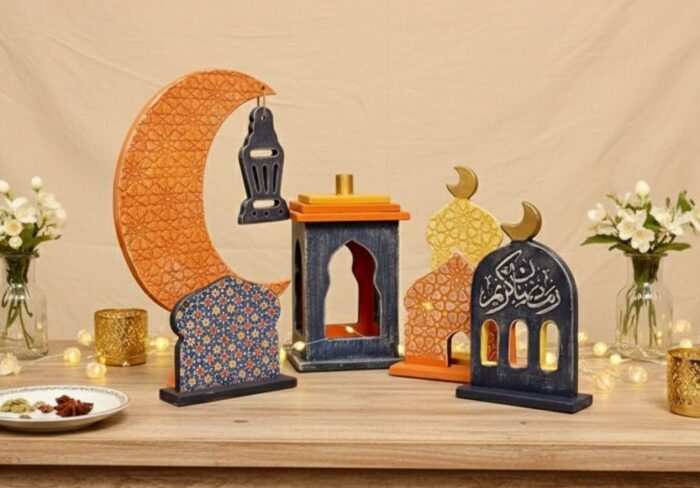 Handcrafted Wooden Ramadan Décor Set with Lanterns, Crescent Moon & Islamic Patterns - Image 1