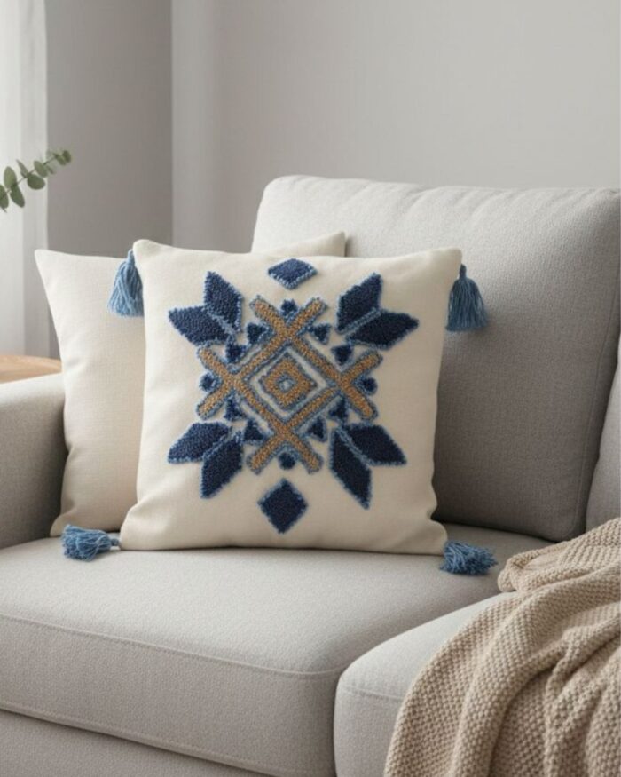 Handmade Punch Needle Cushion – Blue Geometric Boho Design - Image 1