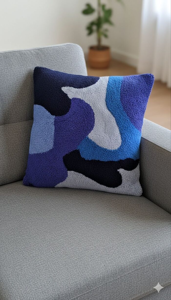 Handmade Punch Needle Cushion – Abstract Blue Design | 50×50 cm Decorative Pillow - Image 2